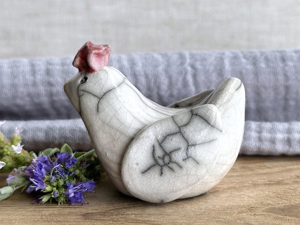 Uncertain but kind chicken friend raku sculpture | Shinto guardian, shamanism statue