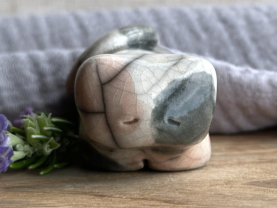 Sleepy, gentle calico cat kami sculpture | nature spirit guardian figure, Shinto, shamanism