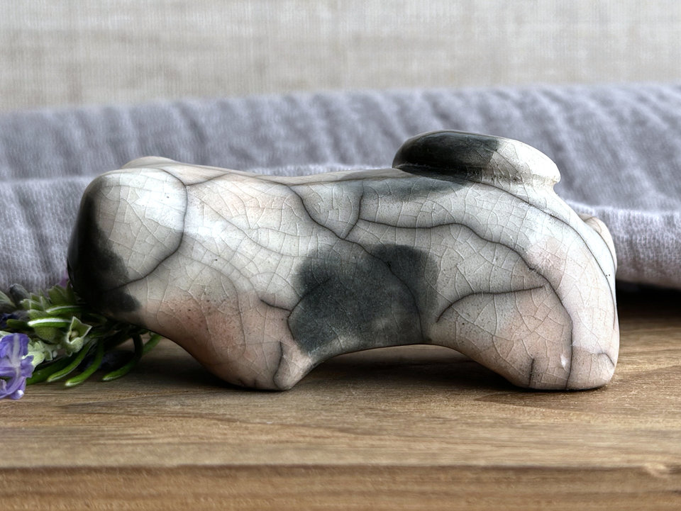 Sleepy, gentle calico cat kami sculpture | nature spirit guardian figure, Shinto, shamanism