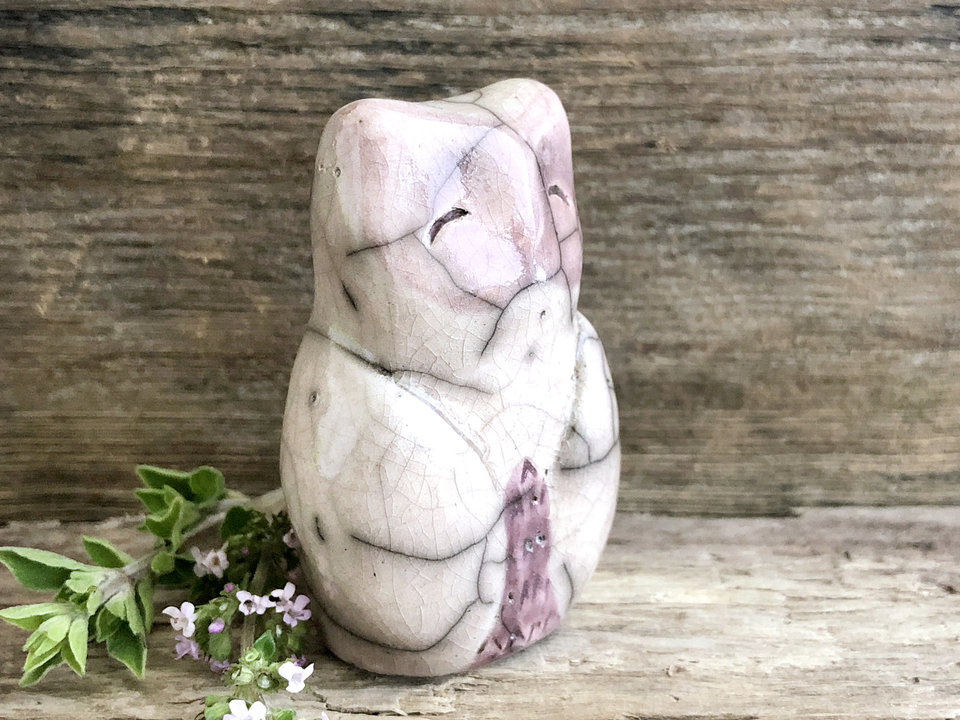 Gentle owl kami spirit, nature guardian raku sculpture | Shinto, shamanism totem