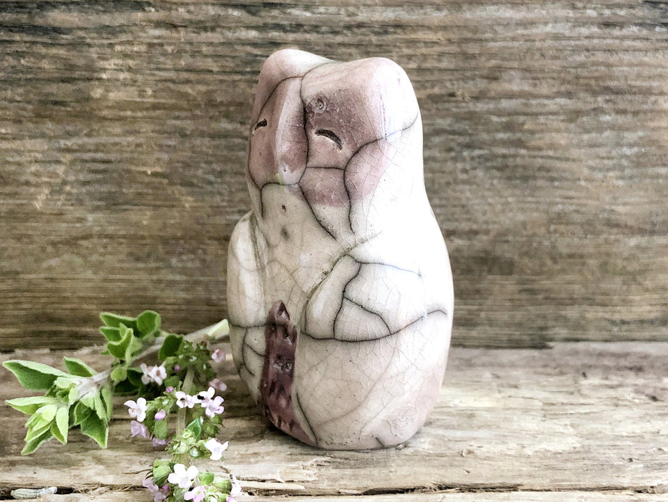 Gentle owl kami spirit, nature guardian raku sculpture | Shinto, shamanism totem