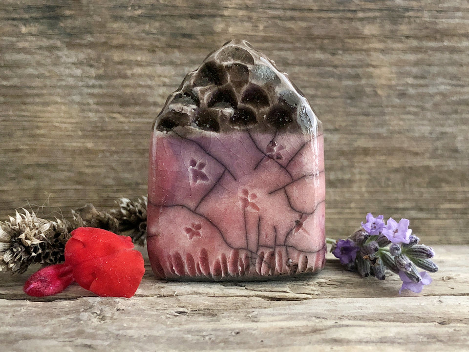 Tiny summer fairie cottage spirit house raku ceramic sculpture