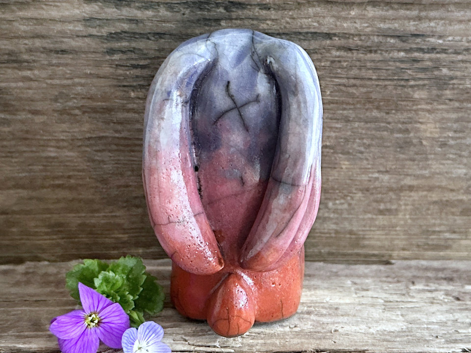 Dawn rabbit kami spirit guardian sculpture | Shinto shamanism raku bunny figure
