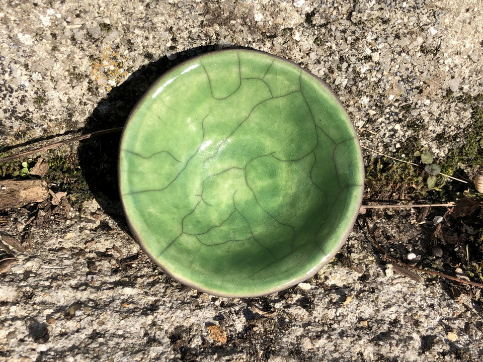 Small raku offering bowl in green for prayer, shrine, altar, ceremony, wishing, intention | Shinto, shamanism, pagan | sacred art