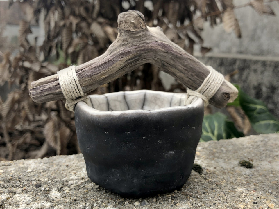 Raku ceramic and driftwood bucket sculpture | altar, shrine, Shinto Shamanism paganism | wabi-sabi, rustic ritual, ceremony