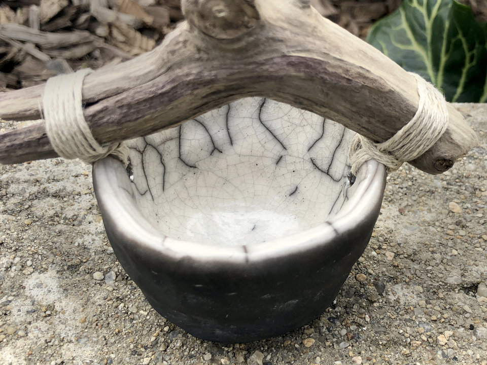 Raku ceramic and driftwood bucket sculpture | altar, shrine, Shinto Shamanism paganism | wabi-sabi, rustic ritual, ceremony