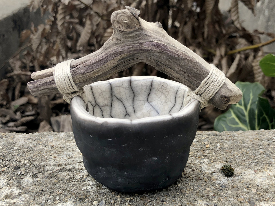 Raku ceramic and driftwood bucket sculpture | altar, shrine, Shinto Shamanism paganism | wabi-sabi, rustic ritual, ceremony