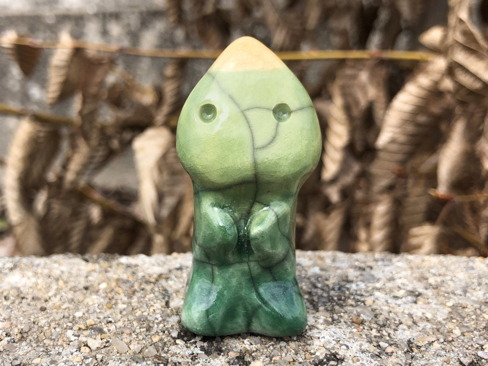 Leaf baby kami nature spirit tree elemental raku statue | Shinto kamidana shrine sculpture, pagan altar, shamanism, rewilding