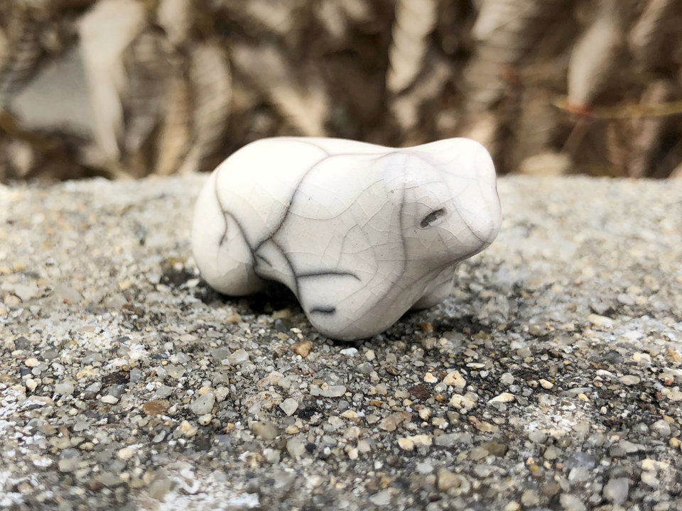 Ceramic raku little white polar bear kami sculpture. He has a kind, gentle face and would be lovely guardian spirit for shamanism or a Shinto kamidana shrine.