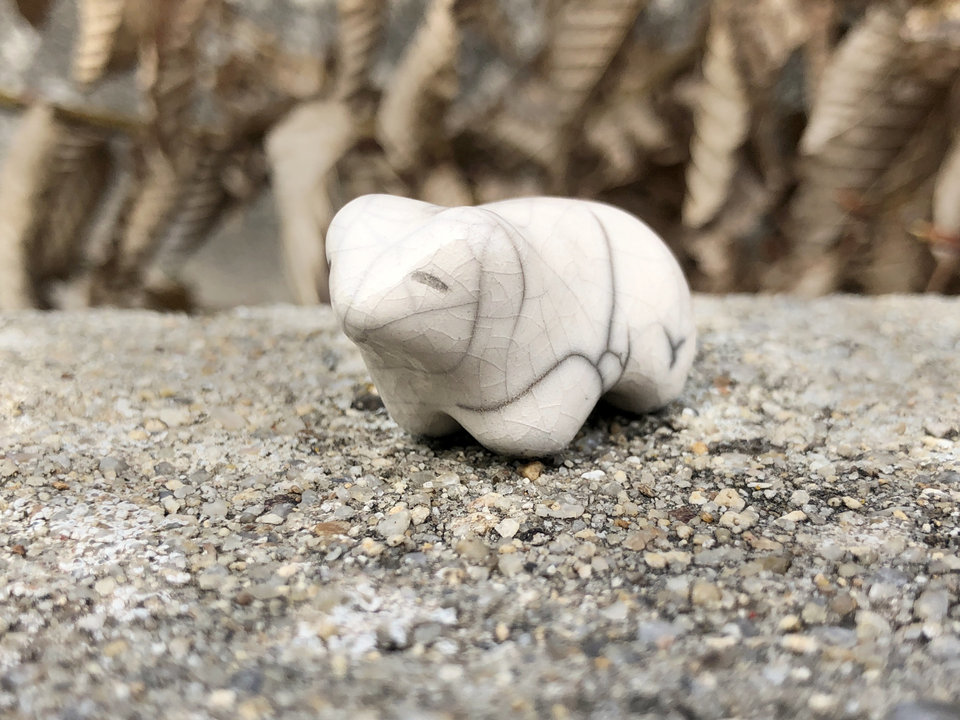 Little white bear guardian nature spirit raku statue | Shinto kamidana shrine, shamanism, pagan | animal guide sculpture, protector, polar