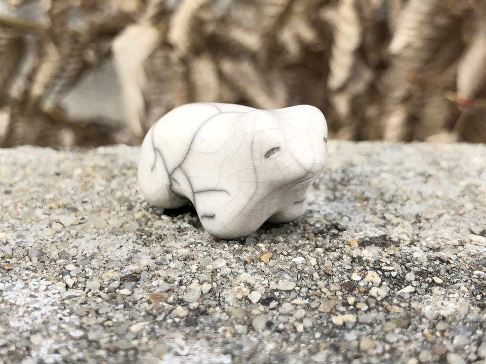 Little white bear guardian nature spirit raku statue | Shinto kamidana shrine, shamanism, pagan | animal guide sculpture, protector, polar