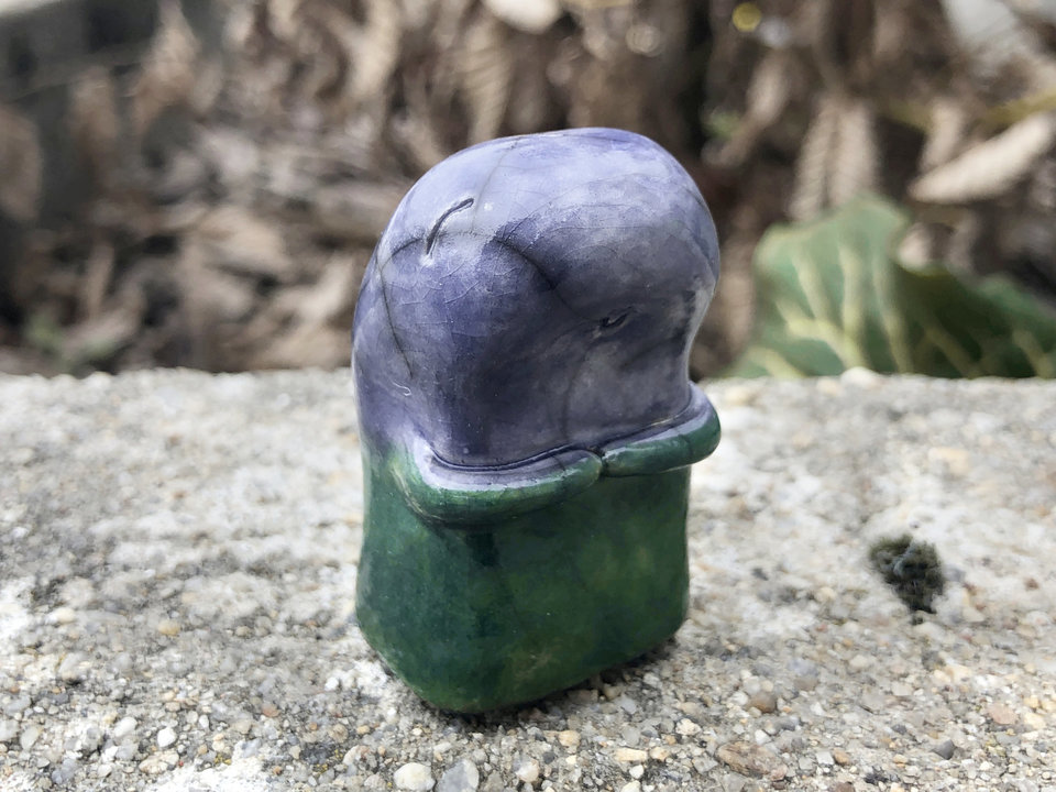 Raku ceramic nature spirit sculpture galzed in green and lavender. Lovely for Shinto shrine, shamanism, pagan, nature table.