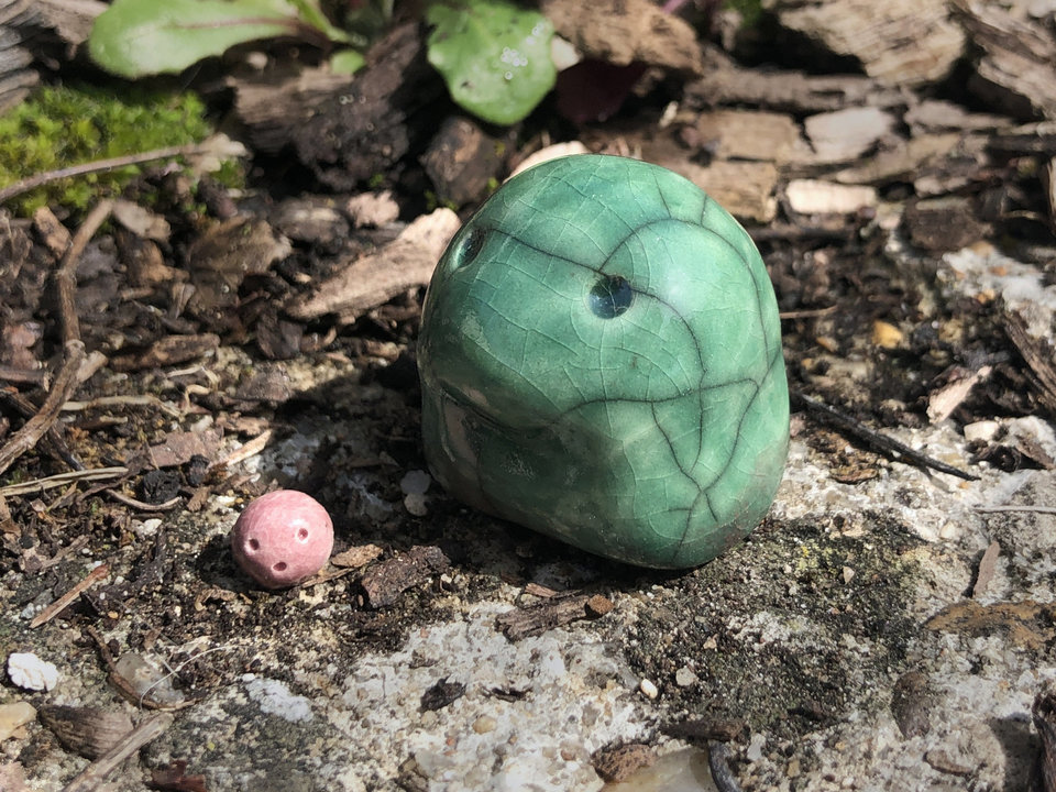 Kodama kami and friend, spirit of green forests raku sculpture | Shinto kamidana shrine, pagan, shamanism | guardian, nature earth elemental