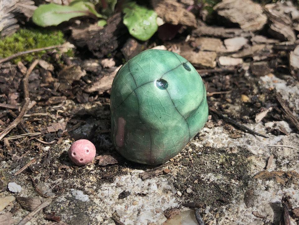 Kodama kami and friend, spirit of green forests raku sculpture | Shinto kamidana shrine, pagan, shamanism | guardian, nature earth elemental