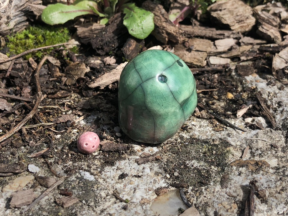 Kodama kami and friend, spirit of green forests raku sculpture | Shinto kamidana shrine, pagan, shamanism | guardian, nature earth elemental