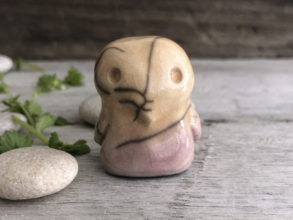 Baby bird kami nature guardian spirit raku sculpture | Shinto kamidana shrine statue, pagan, shamanism | animal totem, chick, spring