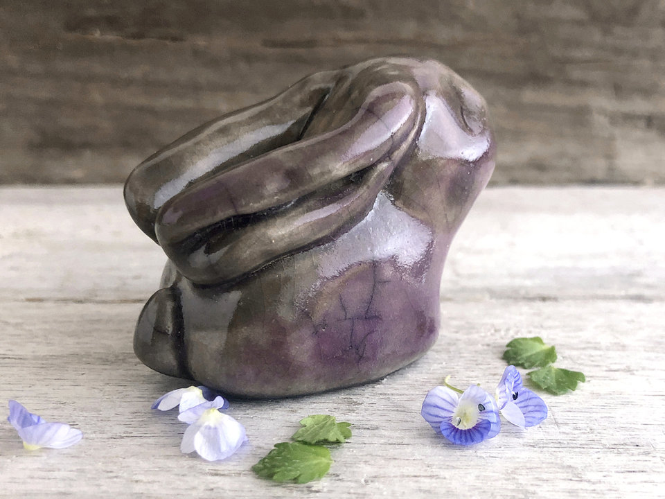 Gentle rabbit nature spirit guardian raku sculpture | Shinto kamidana shrine, pagan, shamanism totem | protection