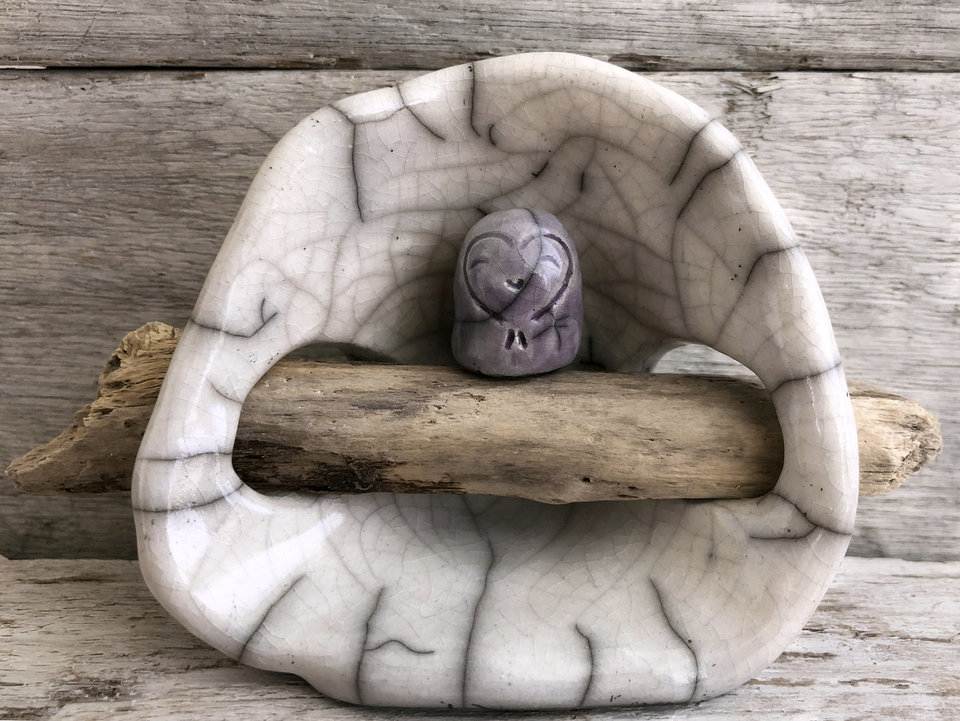 Jizo and driftwood kamidana shrine raku sculpture | Shinto, pagan altar | protection, miscarriage, grief, guardian spirit statue