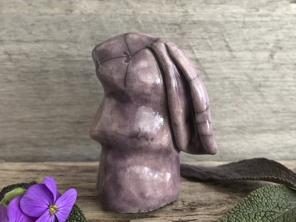 Spirit hare kami, nature elemental guardian raku statue | Shinto kamidana shrine sculpture, pagan guardian, protection, usagi, rabbit, bunny