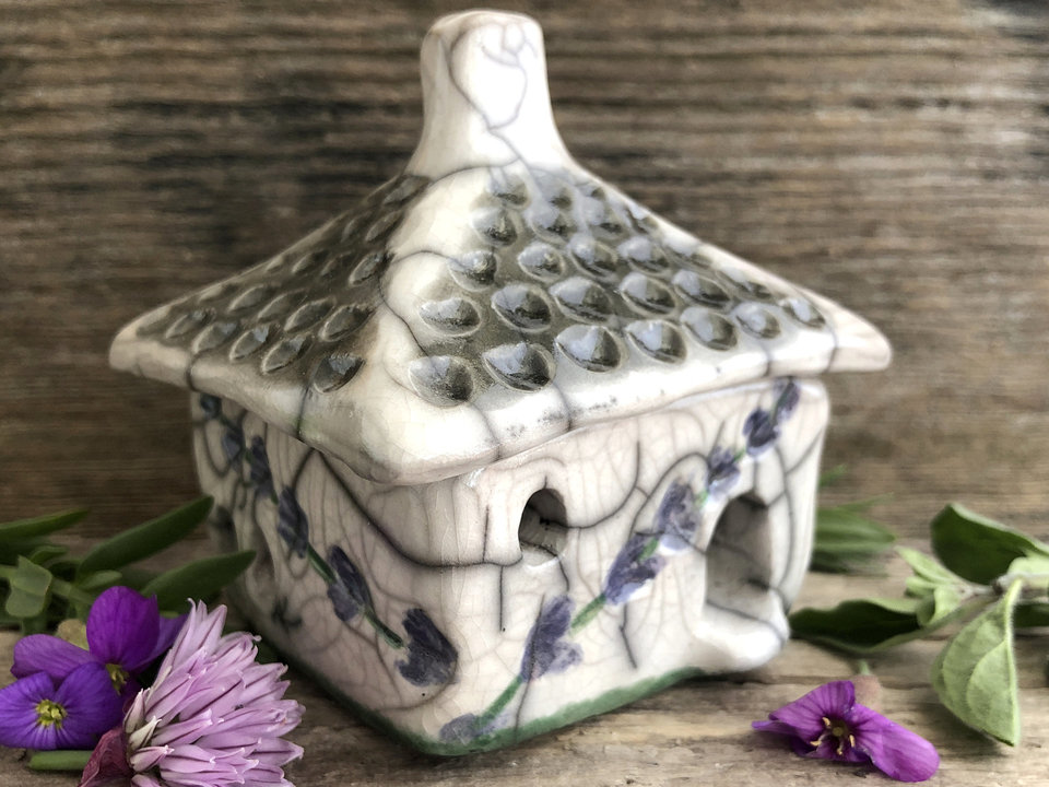 Lavender cottage, raku spirit house, kurinuki ceramic | Shinto shrine, pagan altar, shamanism | witch, incense, magical, fairy