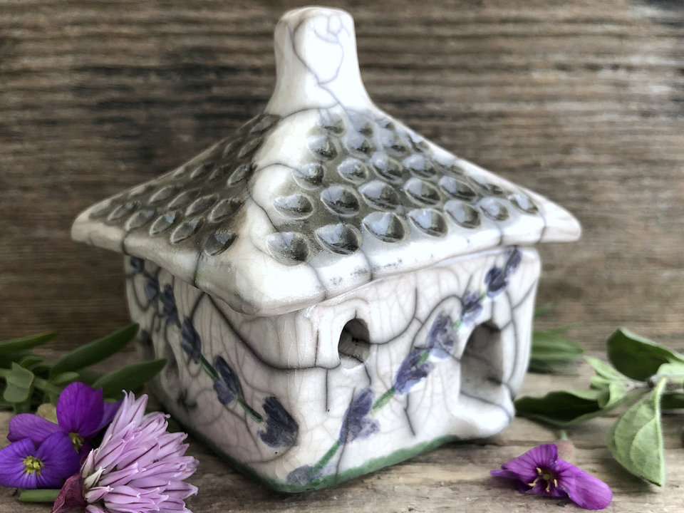 Lavender cottage, raku ceramic spirit house | fairie cottage shrine