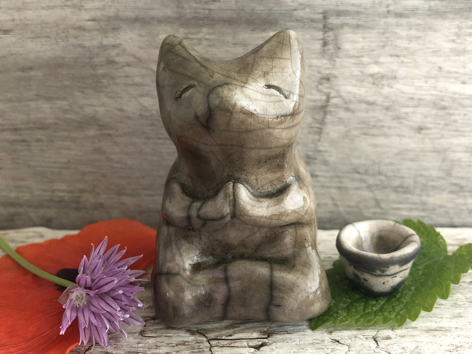 Wise meditating kitsune fox spirit kami raku statue | Inari Okami Shinto kamidana shrine sculpture, shamanism paganism | protection