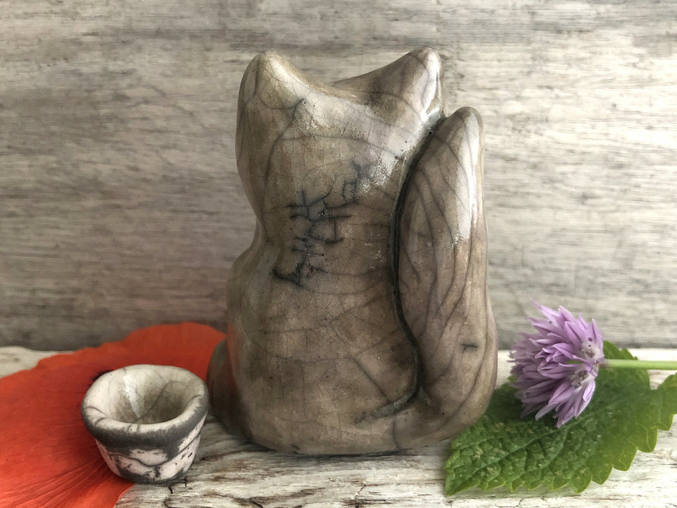 Wise meditating kitsune fox spirit kami raku statue | Inari Okami Shinto kamidana shrine sculpture, shamanism paganism | protection