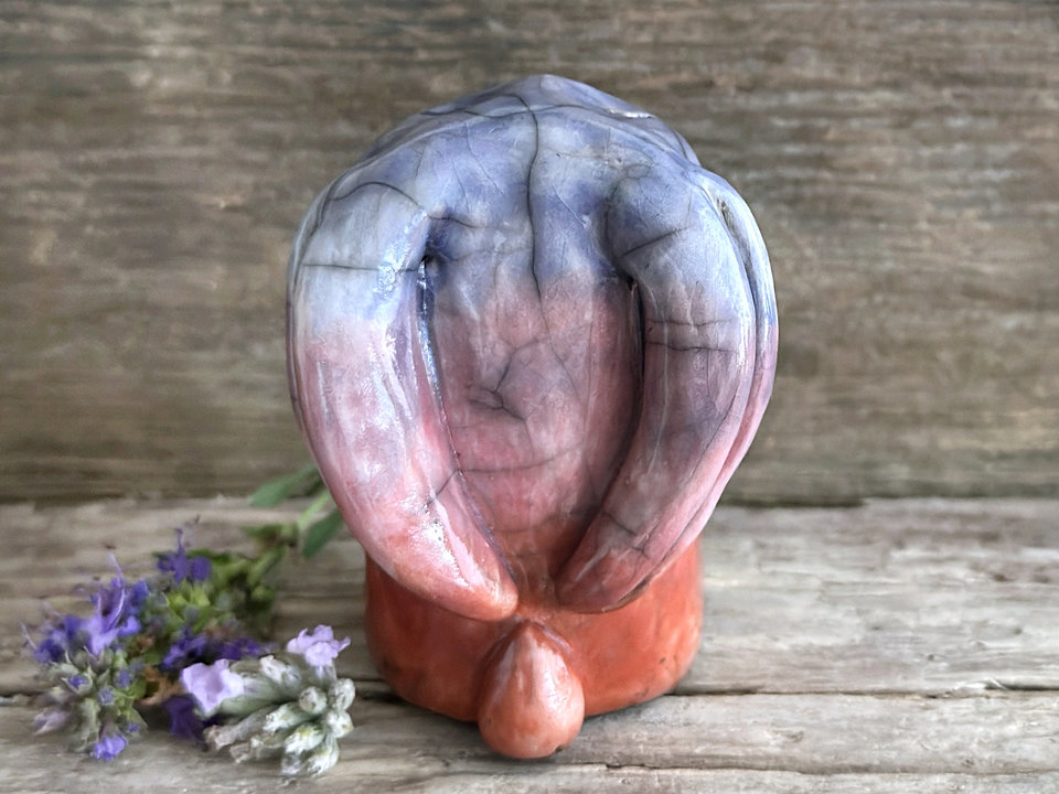 Gentle dawn rabbit kami spirit guardian sculpture | Shinto shamanism raku bunny figure