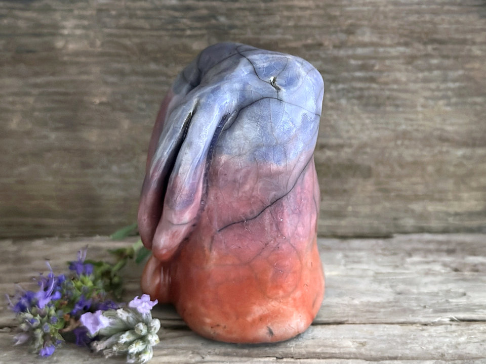 Gentle dawn rabbit kami spirit guardian sculpture | Shinto shamanism raku bunny figure