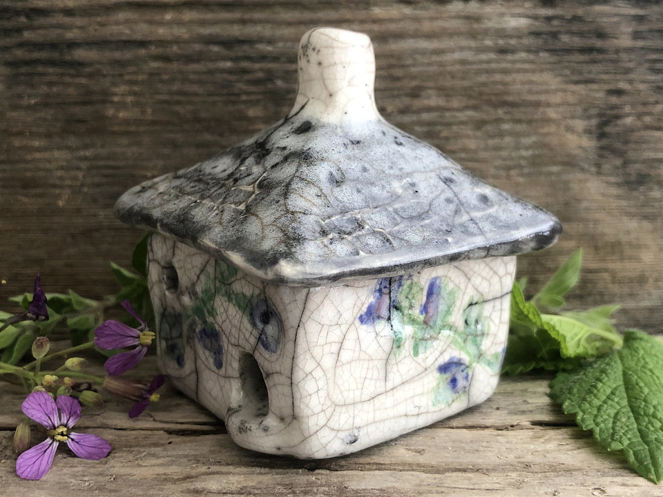Violet cottage, raku spirit house, kurinuki ceramic | Shinto shrine, pagan altar, shamanism | witch, incense, magical, fairy