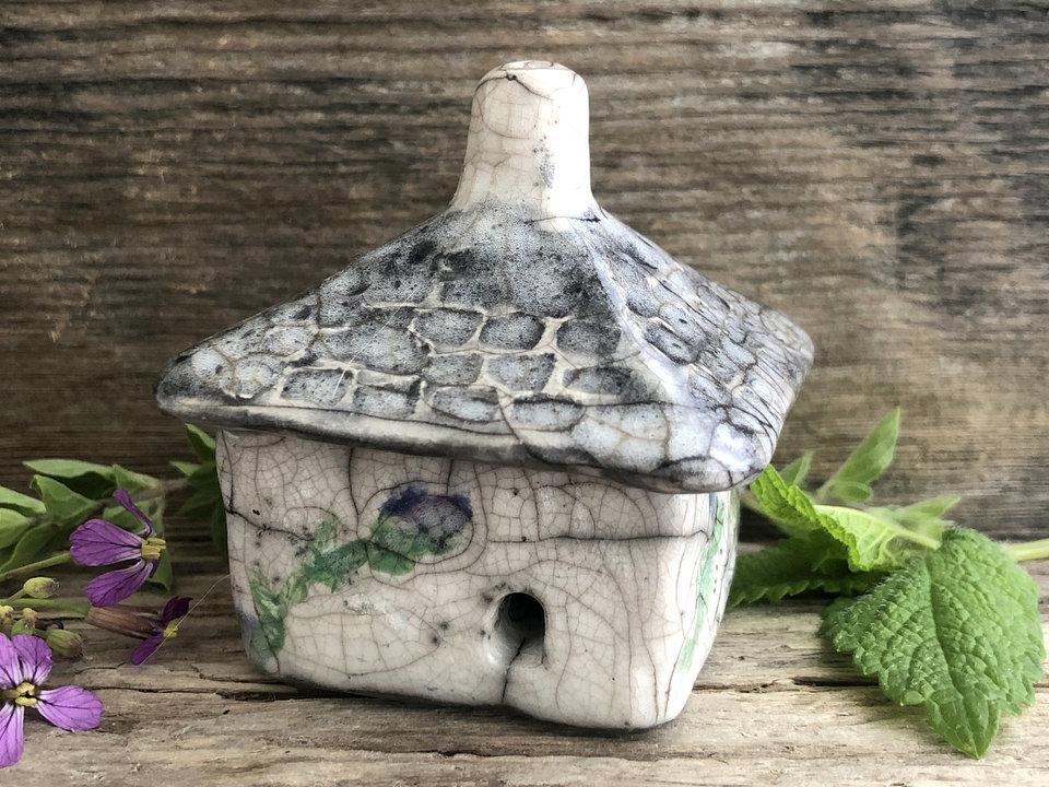 Violet cottage, raku spirit house, kurinuki ceramic | Shinto shrine, pagan altar, shamanism | witch, incense, magical, fairy