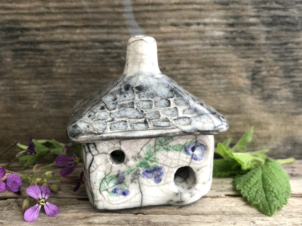 Violet cottage, raku spirit house, kurinuki ceramic | Shinto shrine, pagan altar, shamanism | witch, incense, magical, fairy