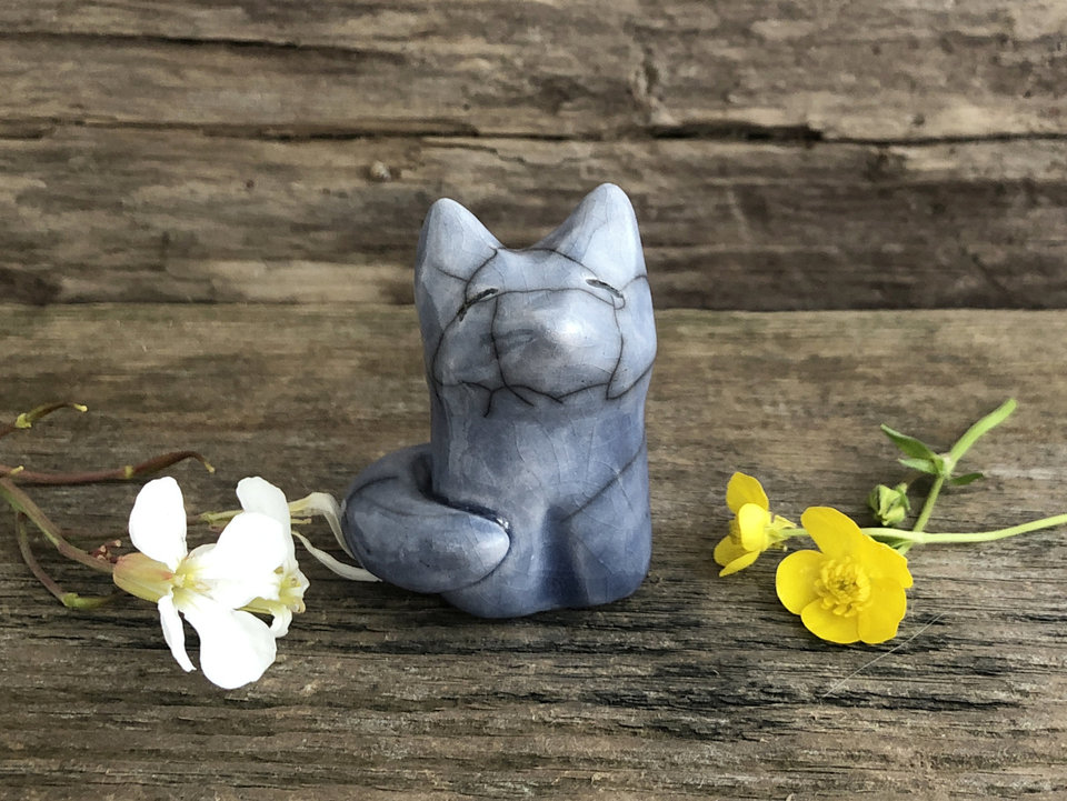Moon-gazing raku kitsune fox sculpture | Shinto Inari Okami, Shamanism, pagan, kamidana shrine | healing, full moon, protection, rewilding