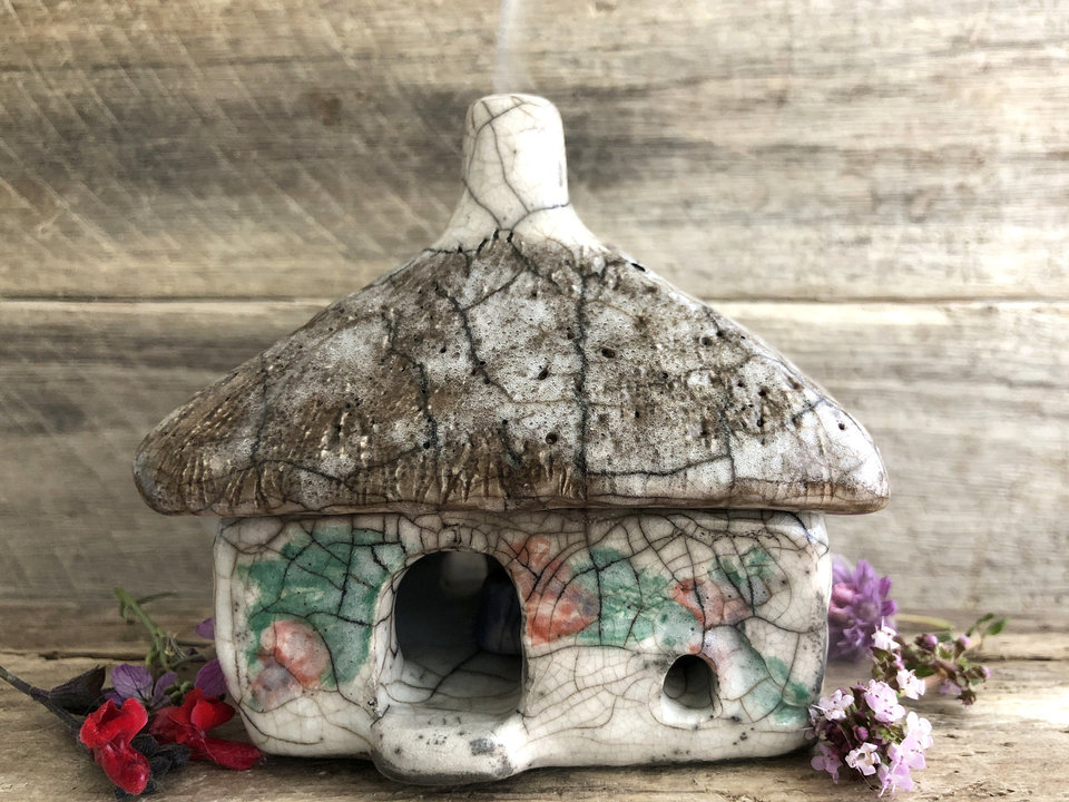 Poppy cottage, raku spirit house, kurinuki ceramic | Shinto shrine, pagan, shamanism | witch, incense burner, magical, fairy