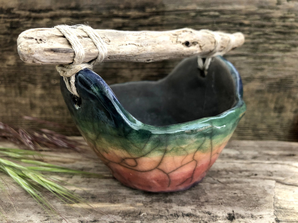 Rainbow raku ceramic and driftwood bucket sculpture | altar, shrine, Shinto Shamanism paganism | wabi-sabi, rustic ritual, ceremony