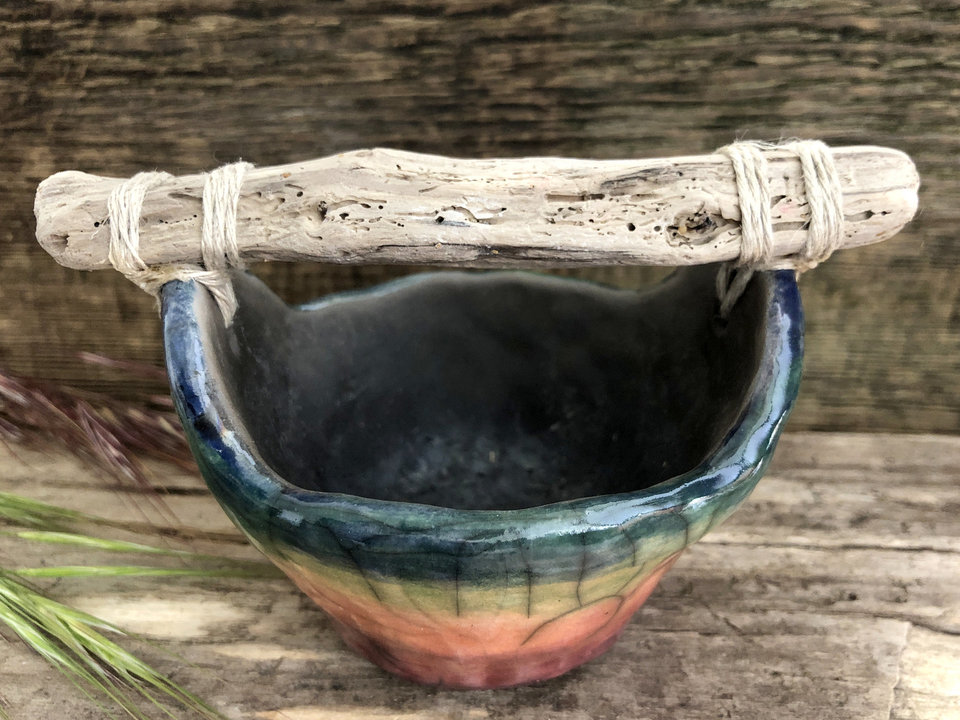 Rainbow raku ceramic and driftwood bucket sculpture | altar, shrine, Shinto Shamanism paganism | wabi-sabi, rustic ritual, ceremony