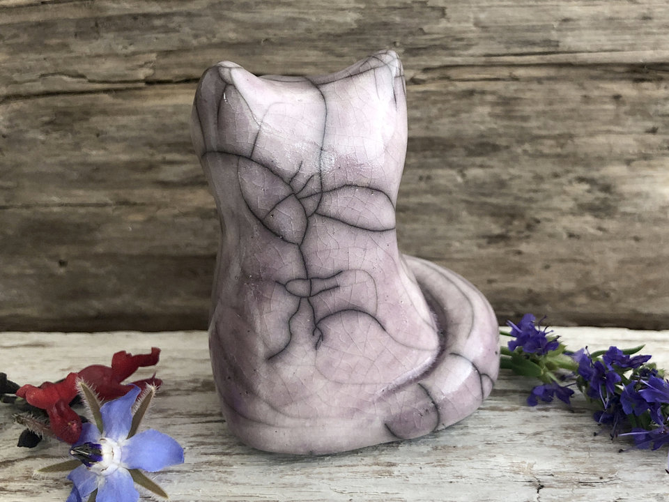 Gentle, magical kitsune fox kami nature spirit raku statue | Shinto kamidana shrine sculpture Inari Okami | shamanism, protection, guardian
