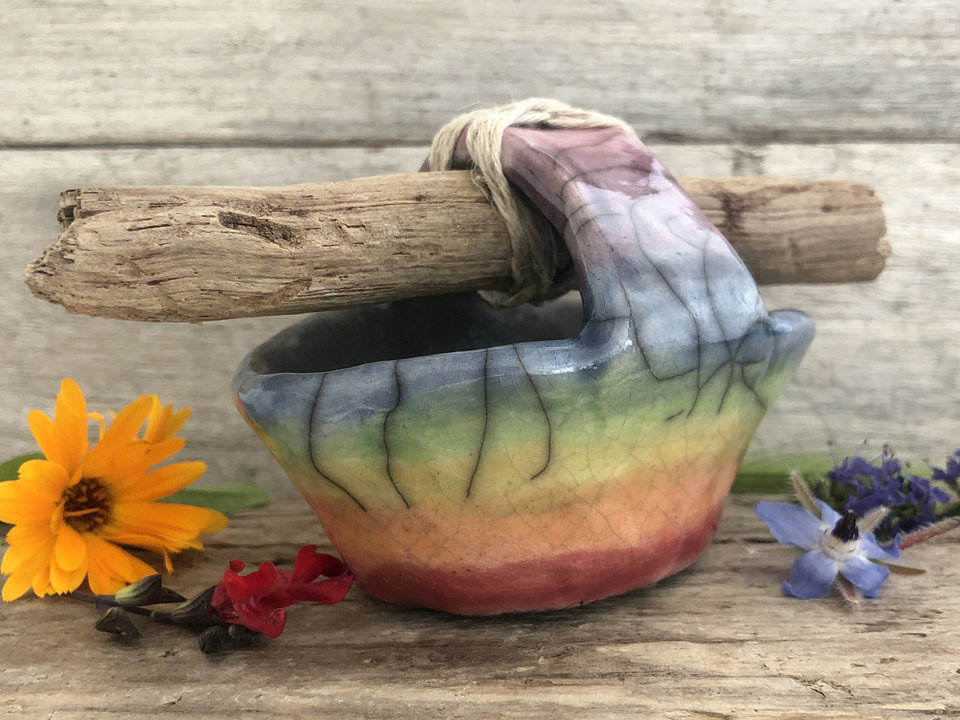 Rainbow raku ceramic & driftwood basket sculpture | wabi-sabi, rustic ritual, pride
