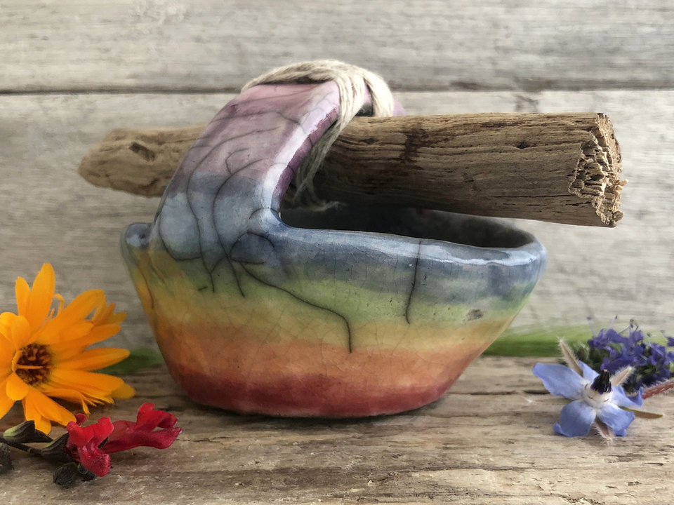 Rainbow raku ceramic & driftwood basket sculpture | wabi-sabi, rustic ritual, pride