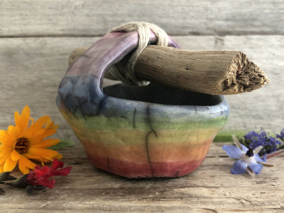 Rainbow raku ceramic & driftwood basket sculpture | Shinto Shamanism paganism | wabi-sabi, rustic ritual, ceremony, pride