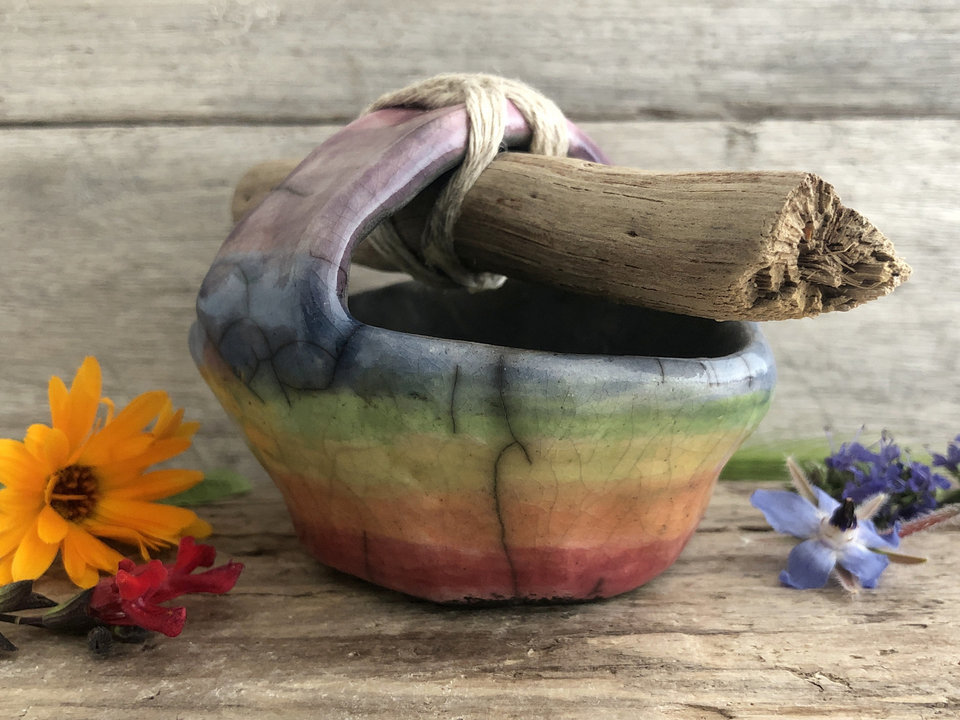 Rainbow raku ceramic & driftwood basket sculpture | wabi-sabi, rustic ritual, pride