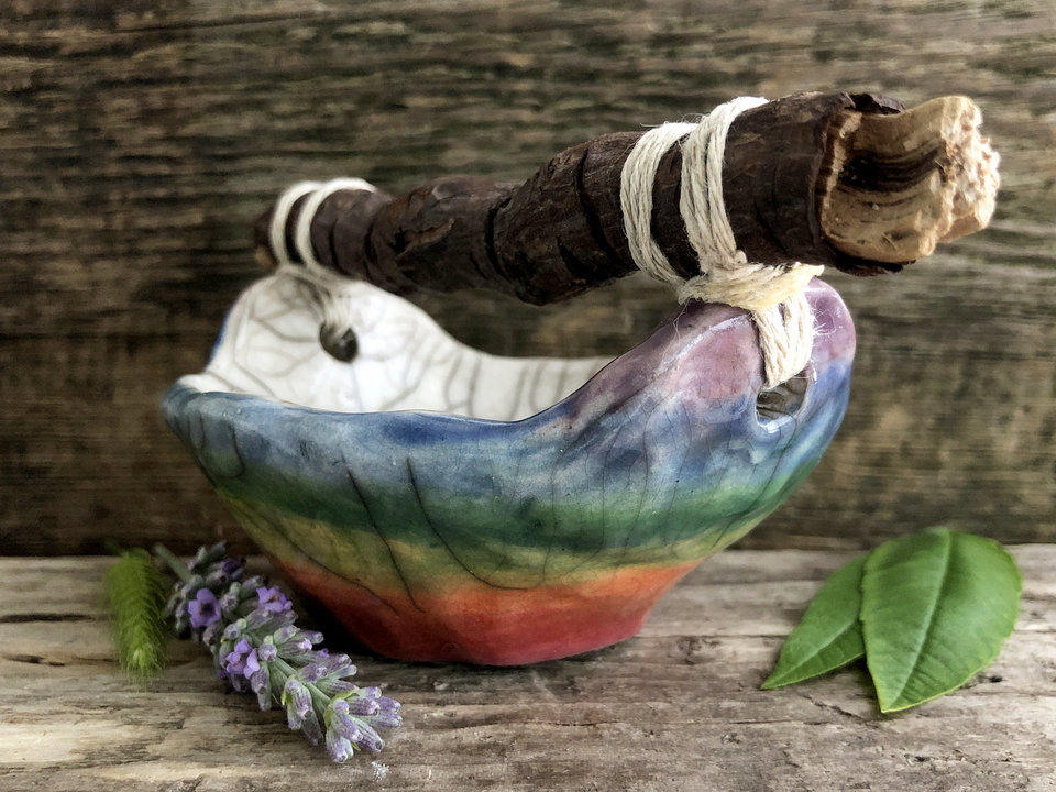 Rainbow raku ceramic and driftwood basket sculpture | altar, shrine, Shinto Shamanism paganism | wabi-sabi, rustic ritual, ceremony, pride