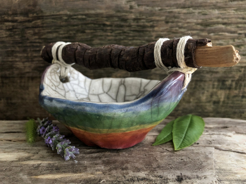 Rainbow raku ceramic and driftwood basket sculpture | altar, shrine, Shinto Shamanism paganism | wabi-sabi, rustic ritual, ceremony, pride