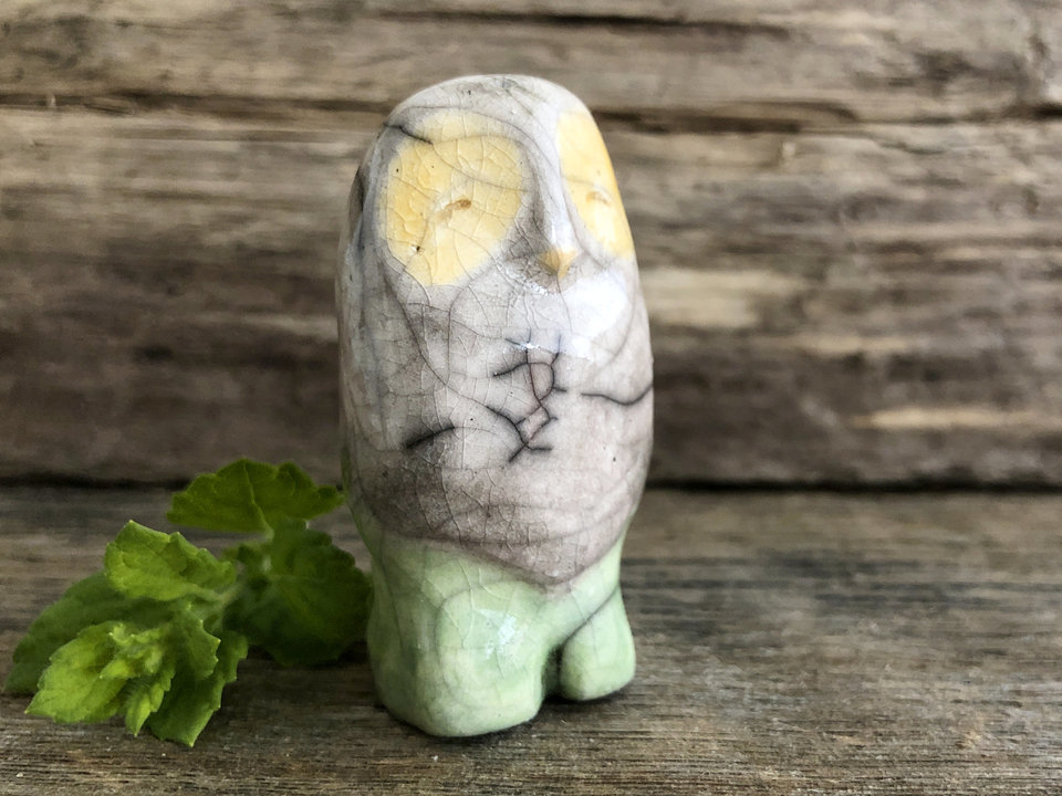 Forest owl kami spirit, nature guardian raku sculpture | Shinto, shamanism totem