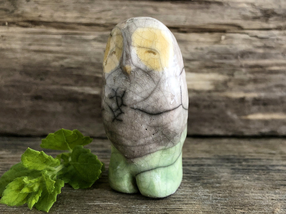 Forest owl kami spirit, nature guardian raku sculpture | Shinto, shamanism totem
