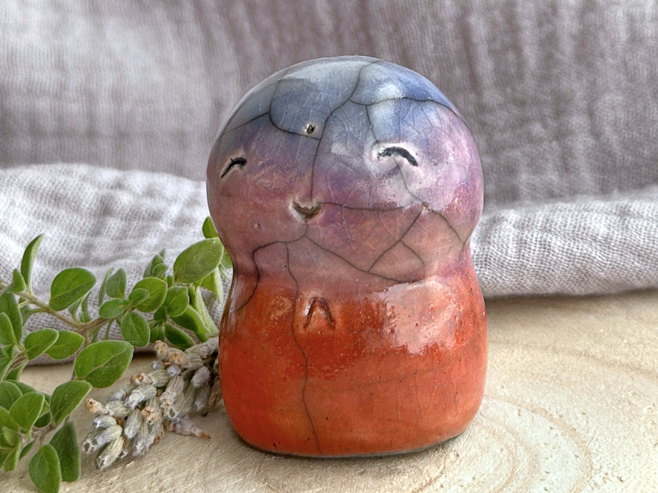 Gentle evening Jizo guardian raku statue | Shinto kamidana shrine sculpture