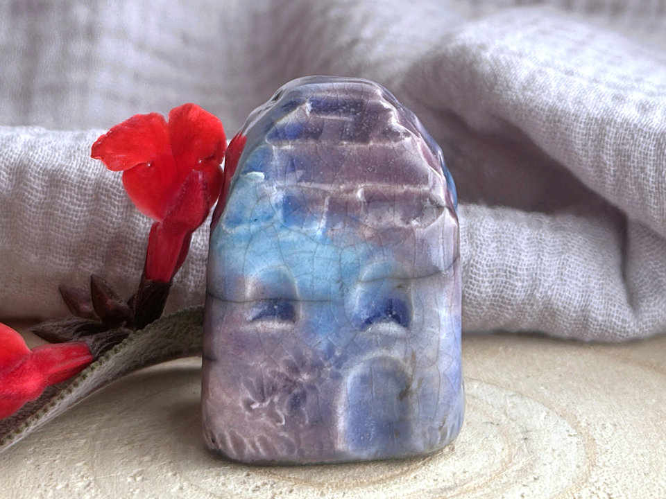 Tiny winter woodland fairie cottage | raku ceramic spirit house sculpture