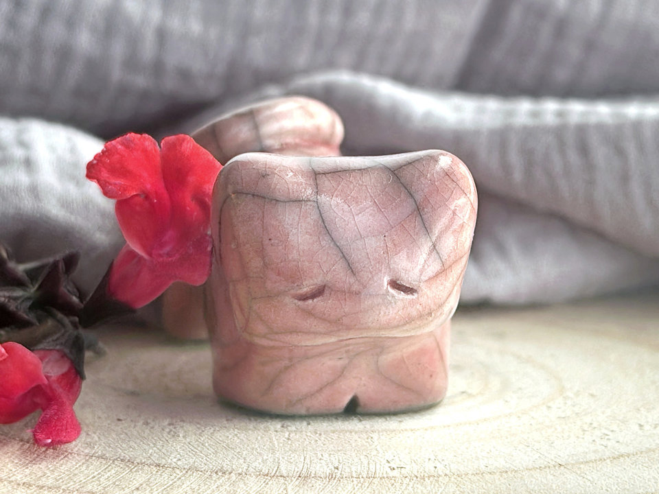 Sleepy pink cat kami sculpture | cute guardian for Shinto, shamanism