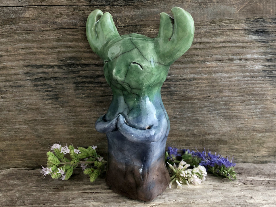 Forest spirit goddess raku sculpture | Shinto Shamanism pagan statue shrine | rewilding, guardian, protection, folklore, nature table