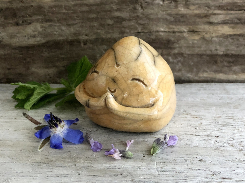 Sunny Jizo joy raku statue | Shinto Buddhist sculpture for kamidana shrine | protection, guardian, grief, loss